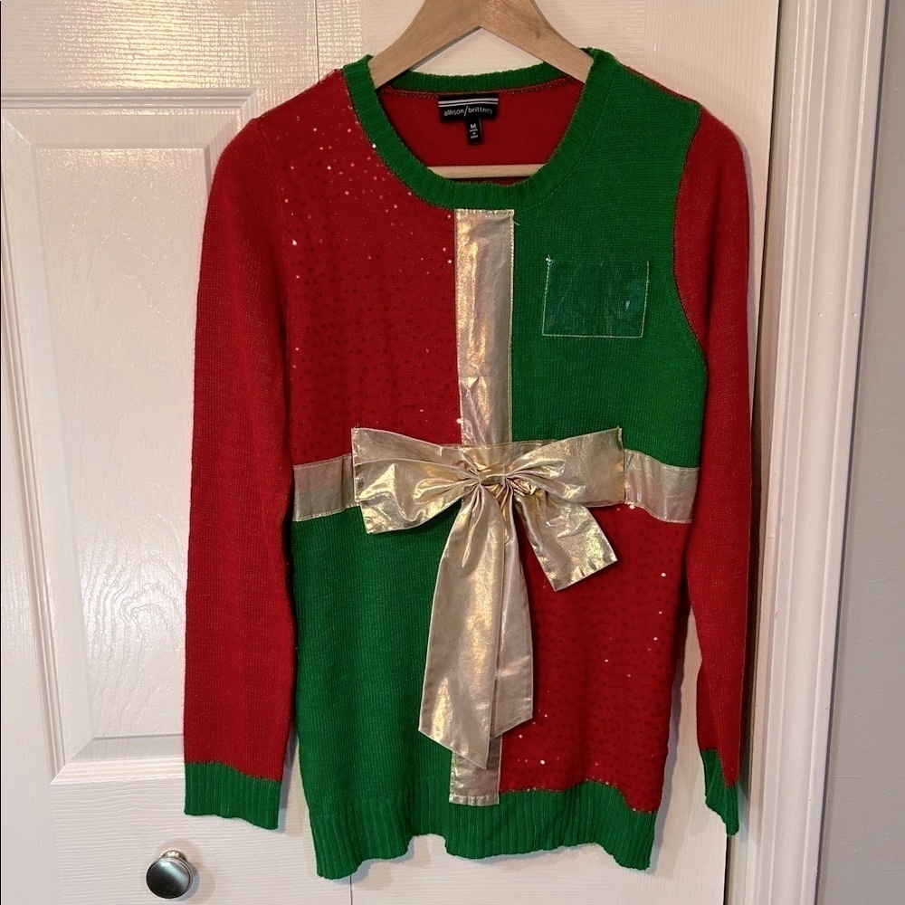 Allison/Brittney Holiday Ugly Christmas Bow Sweater Sequined Color Block Size M